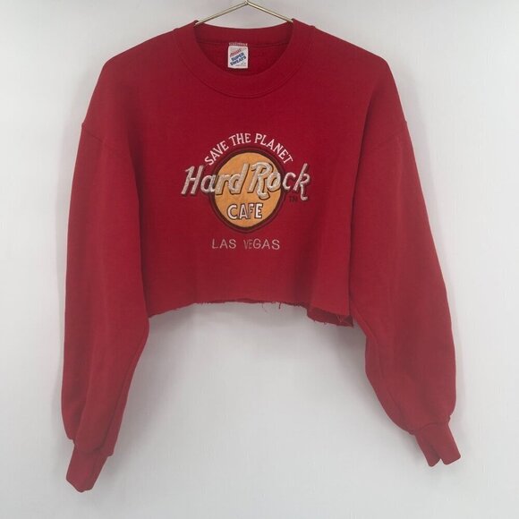 Hard Rock Cafe Las Vegas Long Sleeve Red Sweater Hand Cropped Women's L - Picture 1 of 8